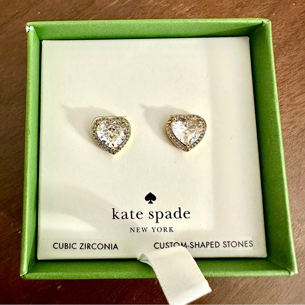 Kate Spade New York My Love Cubic Zirconia Heart Gold Stud Earrings • NWT